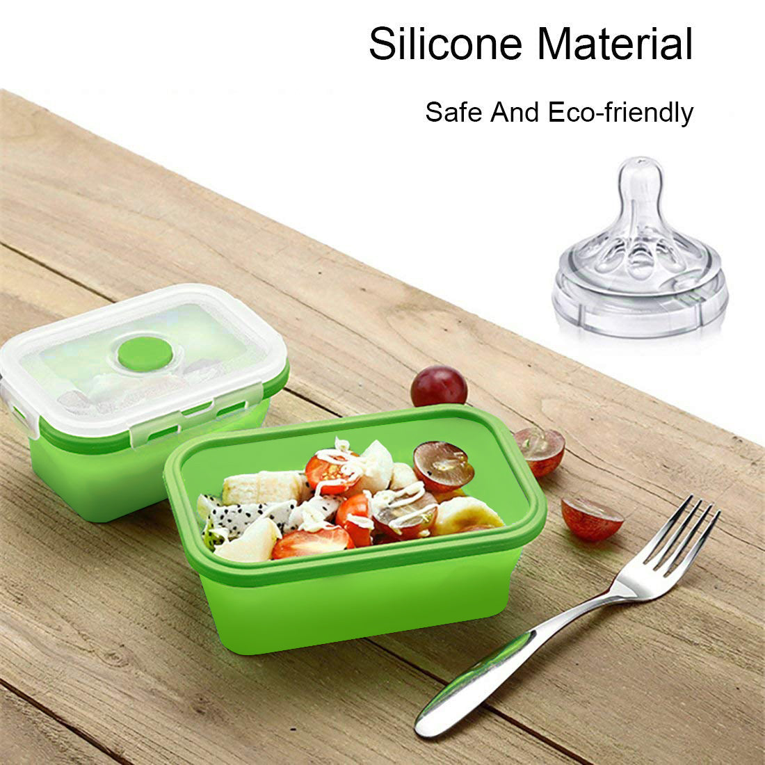 ionEgg Silicone Lunch Container with Spoon & Fork, Bento Box, Collapsible Food Storage Container with Clip-On Lid, 20 oz